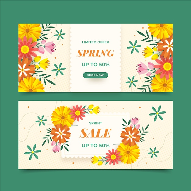 Conjunto de banners horizontales de venta de primavera plana