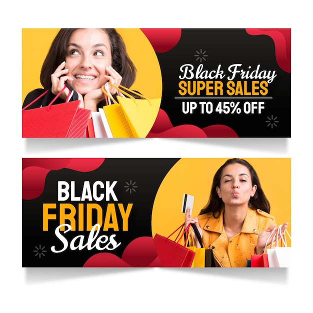 Vector conjunto de banners horizontales de viernes negro plano