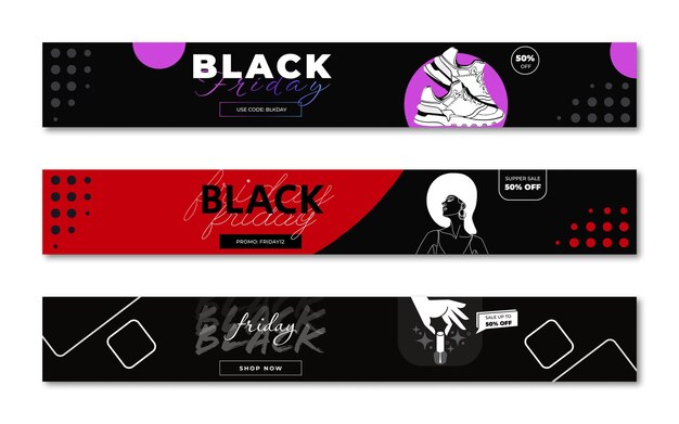 Vector conjunto de banners horizontales de viernes negro