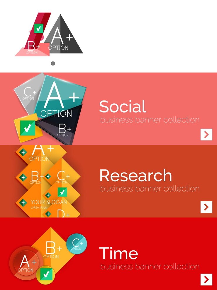 Vector conjunto de banners infográficos de diseño plano con diagrama geométrico