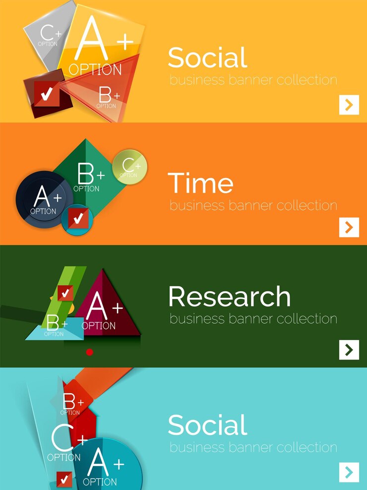 Vector conjunto de banners infográficos de diseño plano con diagrama geométrico