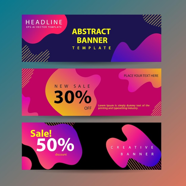 Conjunto de banners líquidos gráficos modernos abstractos con formas de colores dinámicos y banners abstractos de gradiente de línea con formas líquidas que fluyen