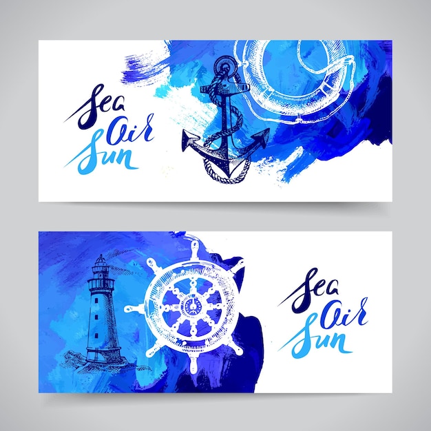 Conjunto de banners marinos de viaje Diseño náutico marítimo y oceánico Boceto dibujado a mano e ilustración acrílica