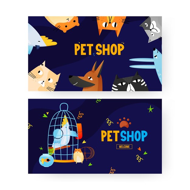 Conjunto de banners de mascotas divertidas con etiqueta de texto