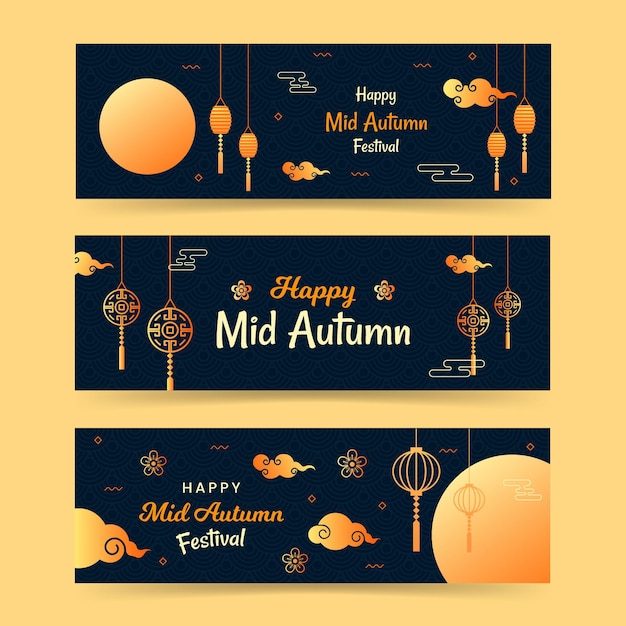 Conjunto de banners de mediados de otoño oscuro y dorado.