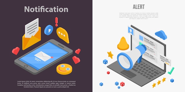 Conjunto de banners de notificación, estilo isométrico