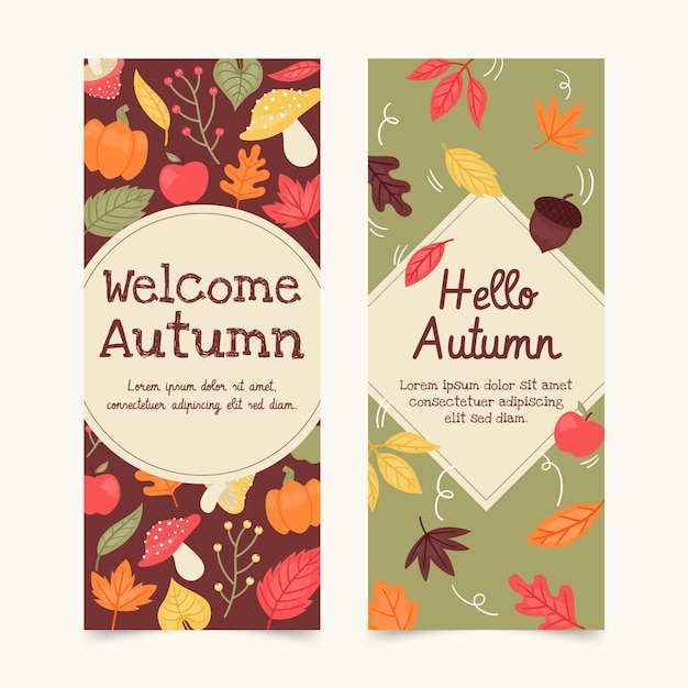 Vector conjunto de banners de otoño planos horizontales dibujados a mano