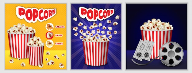 Conjunto de banners de palomitas de cine.