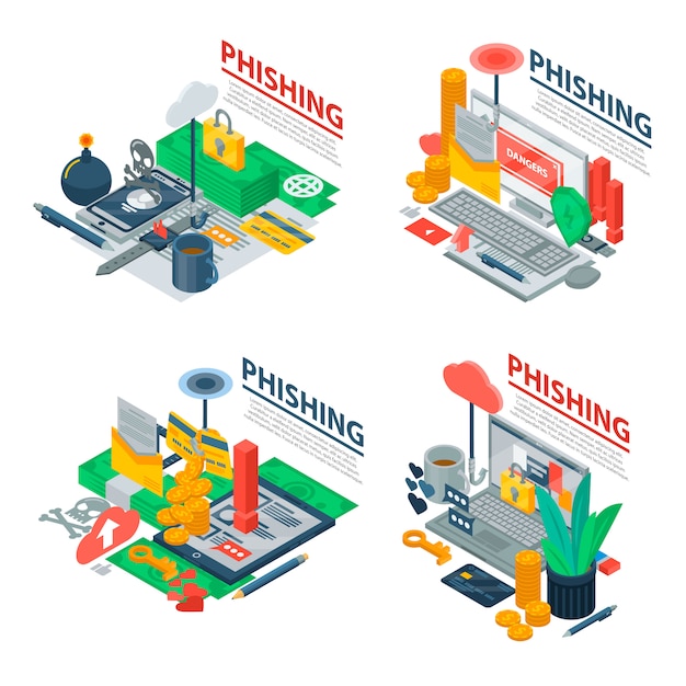 Conjunto de banners de phishing. Conjunto isométrico de banner de vector de phishing para diseño web
