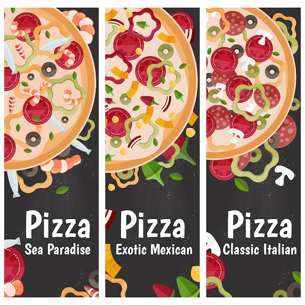 Conjunto de banners para pizza tema con diferentes gustos de diseño plano en pizarra