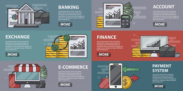 Conjunto de banners planos de banca y economía. concepto de sistema de pago online, cambio de moneda y comercio electrónico. colección de elementos comerciales y financieros en el diseño de líneas.