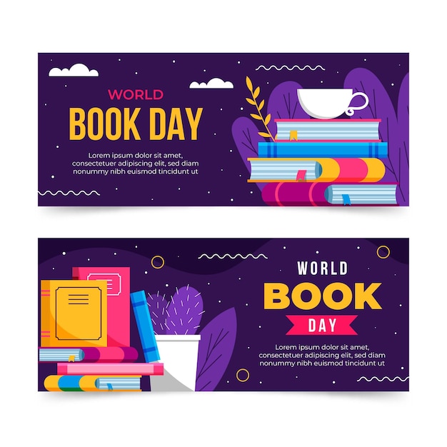Vector conjunto de banners planos del día mundial del libro