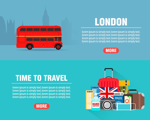 Conjunto de banners planos de diseño de concepto de viaje de Londres Tiempo para viajar Icono de viaje Viaje seguro Ilustración vectorial