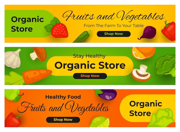 Conjunto de banners planos para la venta de alimentos orgánicos.
