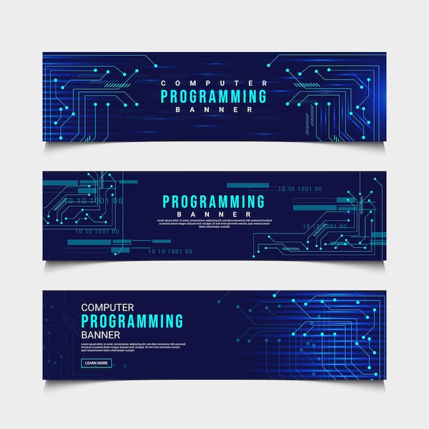 Vector un conjunto de banners de programación o tecnología con un fondo azul.