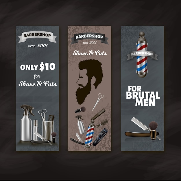 Vector conjunto de banners publicitarios de barbería.