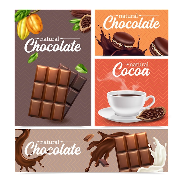 Vector conjunto de banners realistas de cacao de diferentes tipos de chocolate.