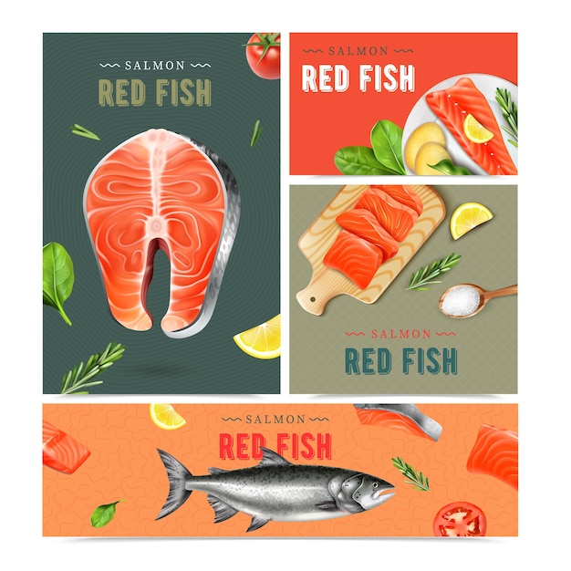 Vector conjunto de banners realistas de pescado rojo de pescado vivo y plato hecho de salmón aislado