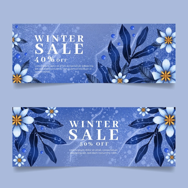 Conjunto de banners de rebajas de invierno horizontales en acuarela