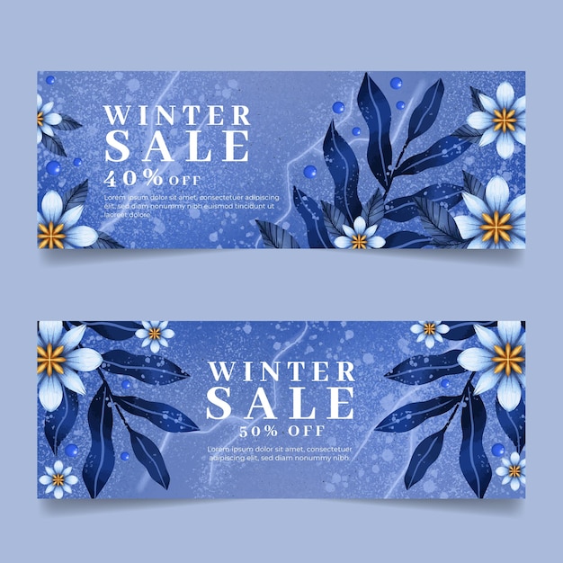 Vector conjunto de banners de rebajas de invierno horizontales en acuarela