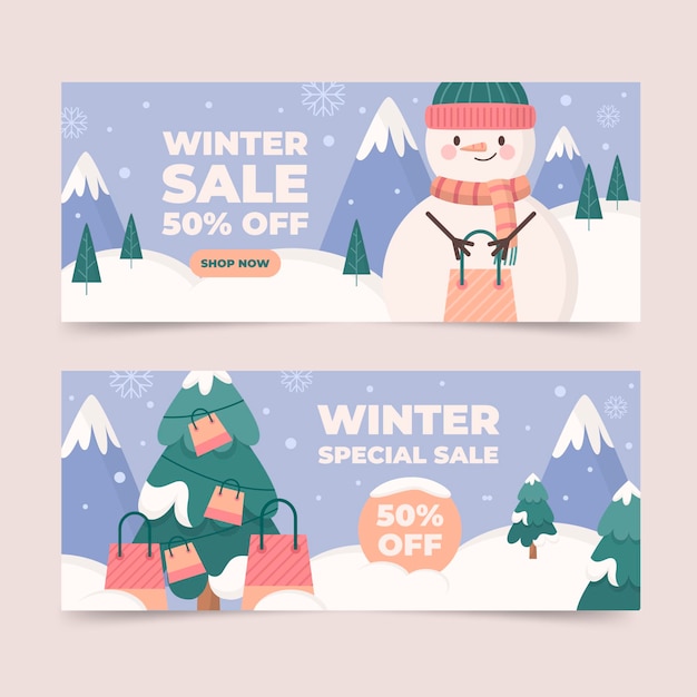 Vector conjunto de banners de rebajas de invierno plano horizontal