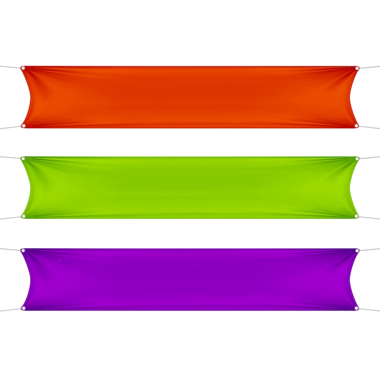 Vector conjunto de banners rectangulares horizontales vacíos en blanco rojo, verde y púrpura con cuerdas de esquinas.