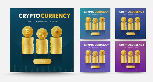 Conjunto de banners de redes sociales con pilas de monedas cripto moneda Bitcoint, Ripple y Ethereum.