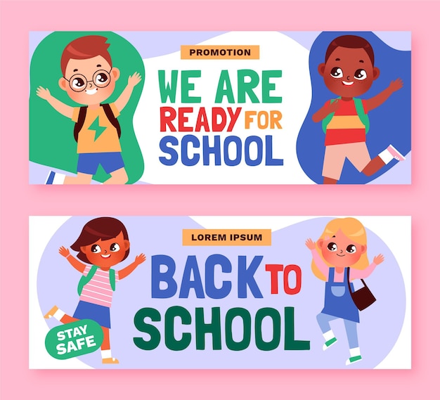 Vector conjunto de banners de regreso a la escuela de dibujos animados