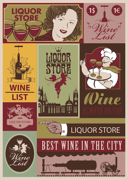 Vector conjunto de banners retro para tienda de vinos y licores
