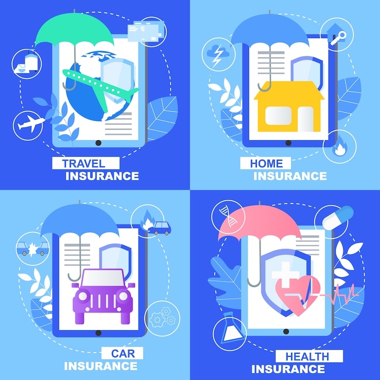 Vector conjunto de banners de seguros de viaje para el hogar de automóviles de salud con signo de paraguas de escudo