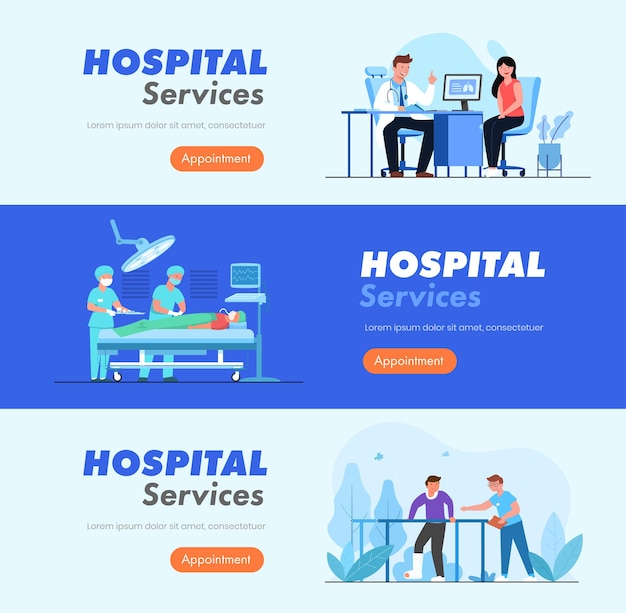 conjunto de banners de servicios con médicos y pacientes en el hospital.