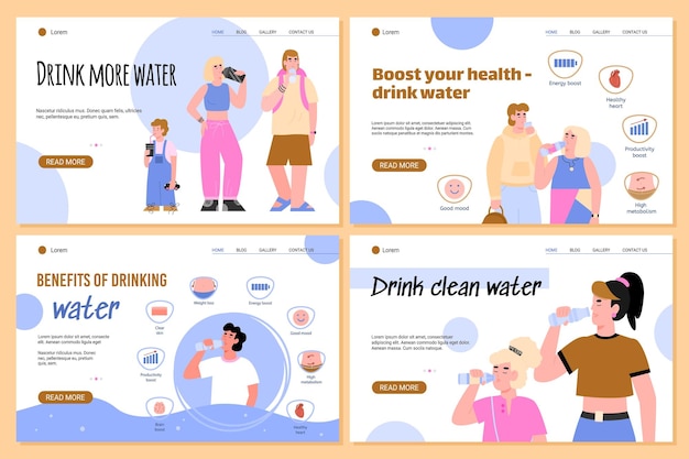 Conjunto de banners de sitios web que llaman a beber agua limpia ilustración vectorial plana