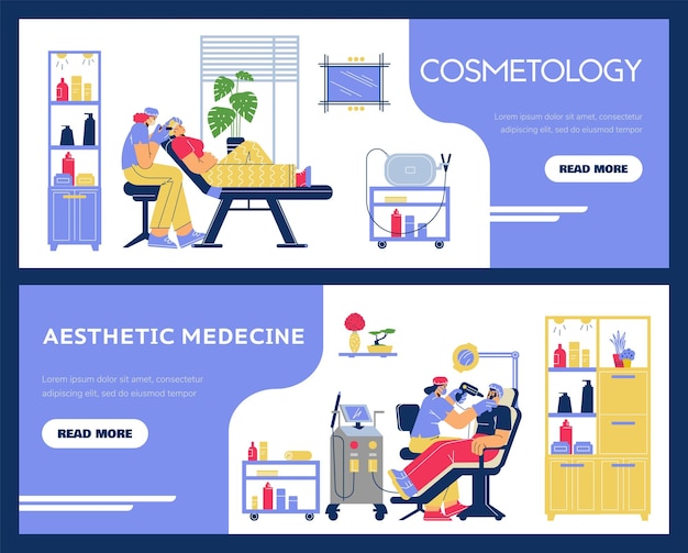 Conjunto de banners de sitios web sobre cosmetología y medicina estética estilo plano