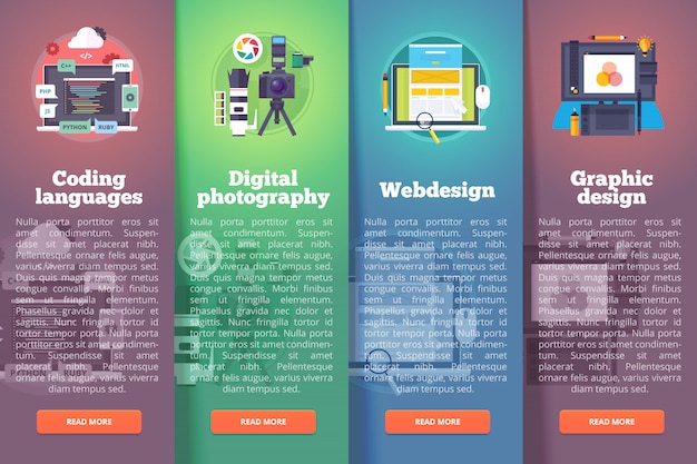 Conjunto de banners de tecnología de información. fotografía digital. programación. web y gráfica. conceptos de diseño vertical de educación y ciencia. estilo moderno.