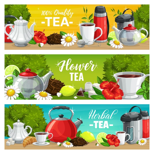 Vector conjunto de banners de vector de bebida de té de hierbas y flores