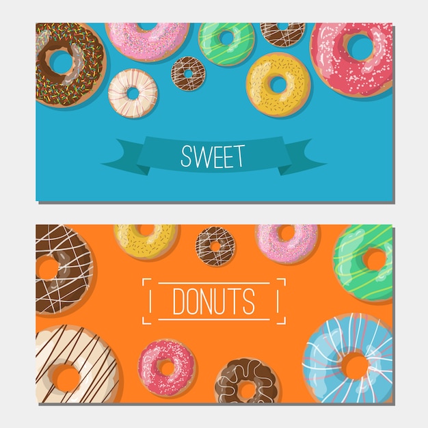 Conjunto de banners de vector brillante con ilustración de donas