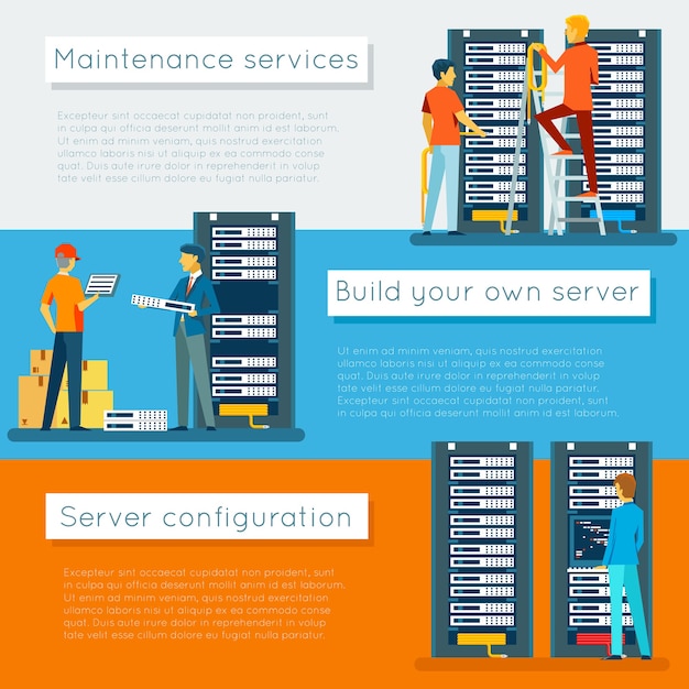 Conjunto de banners de vector de centro de datos y alojamiento. base de datos de red de internet, configuración y mantenimiento
