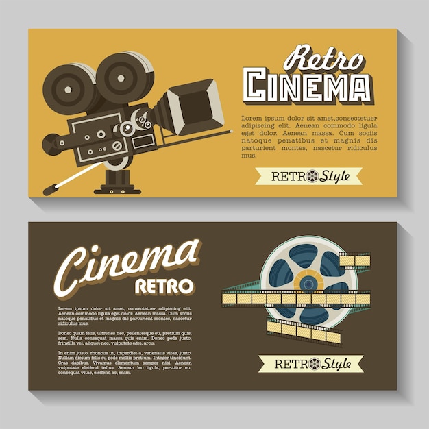Conjunto de banners de vector, folletos. Cine retro. Cámara de cine vintage y carrete de película