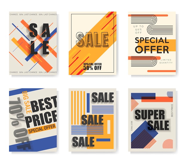 Conjunto de banners de venta abstractos vectoriales aislados en estilo retro con formas geométricas y texto.