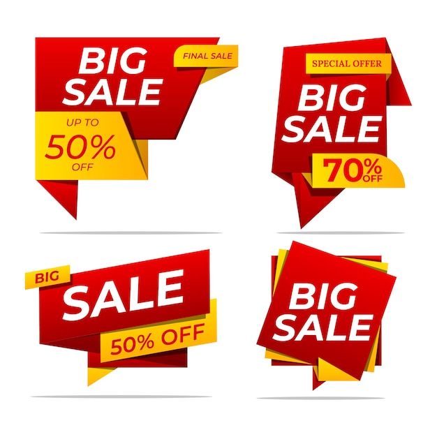 Conjunto de banners de venta en estilo plano para el diseño de sitios web. Carteles de descuento rojo y amarillo, etiqueta de venta, etiqueta, insignia. Gran venta, 50% de descuento, Hasta 50% de descuento, Oferta especial.