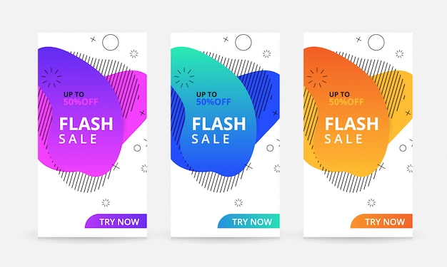 Vector conjunto de banners de venta flash con líquido dinámico moderno