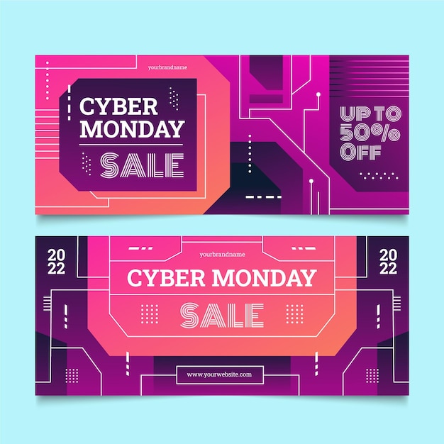 Conjunto de banners de venta horizontal de cyber monday degradado