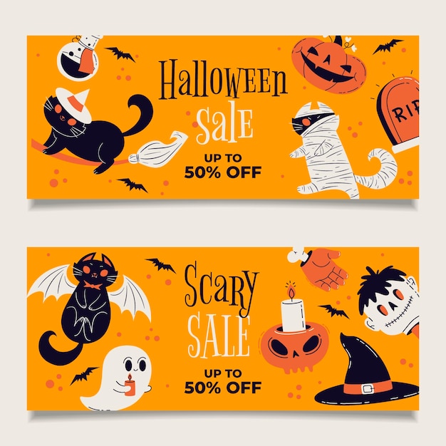 Vector conjunto de banners de venta horizontal de halloween dibujados a mano