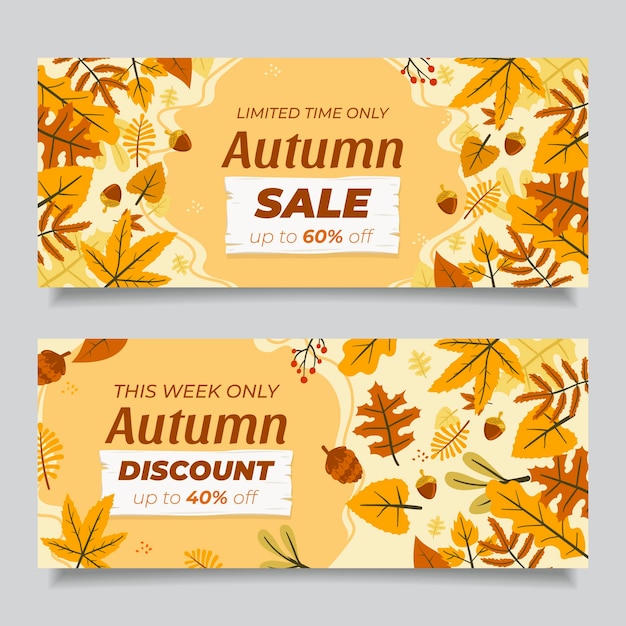 Vector conjunto de banners de venta horizontal otoño plano dibujado a mano