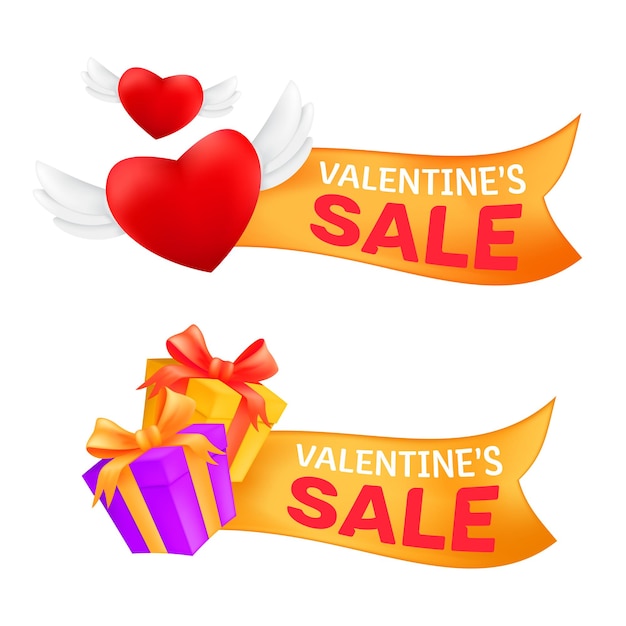 Conjunto de banners de venta de marketing celebrando el día de san valentín con corazón volador con alas de ángel y caja de regalo envuelta con cinta dorada aislada sobre fondo blanco
