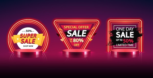 conjunto de banners de venta de neón rojo triangular y cuadrado redondo