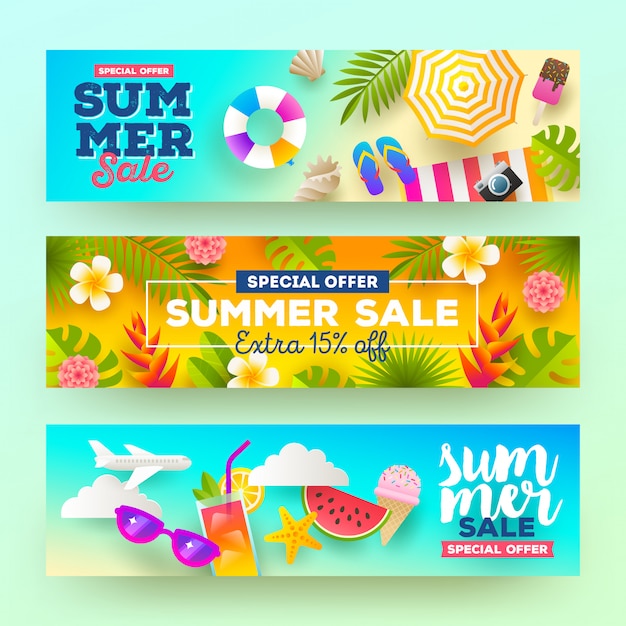 Vector conjunto de banners de venta de verano. vacaciones, vacaciones y viajes ilustración brillante colorido.