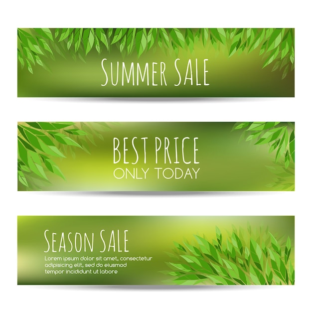 Conjunto de banners de venta de verano de vector con hojas verdes sobre fondo borroso