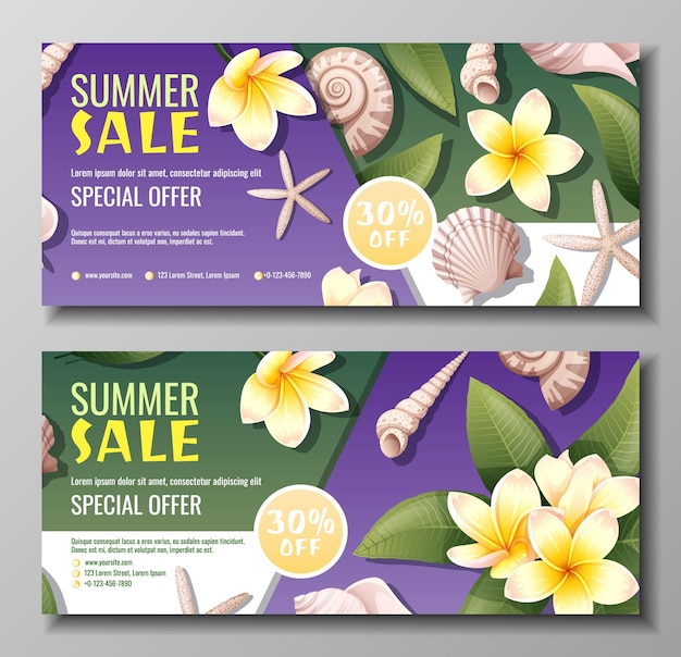 Conjunto de banners de verano con plumeria y conchas marinas Cupón de descuento oferta especial de verano Banner de fondo con conchas marinas y flores de frangipani