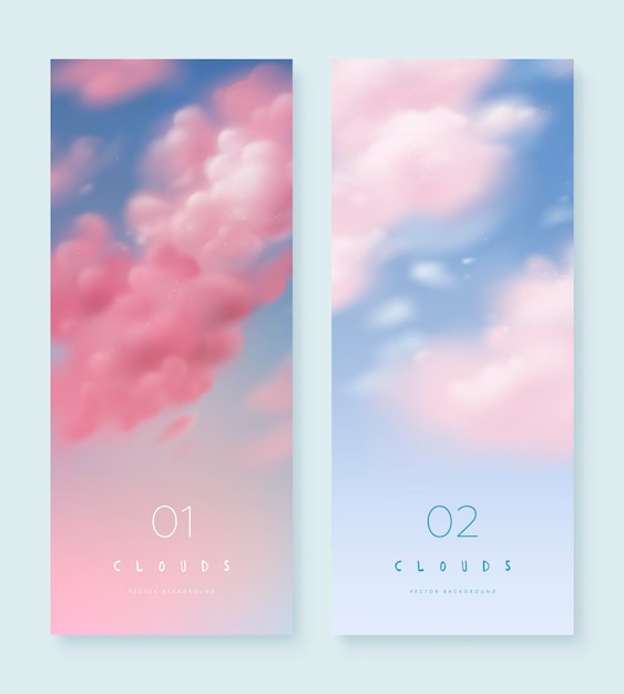 Conjunto de banners verticales con cielo y nubes realistas.